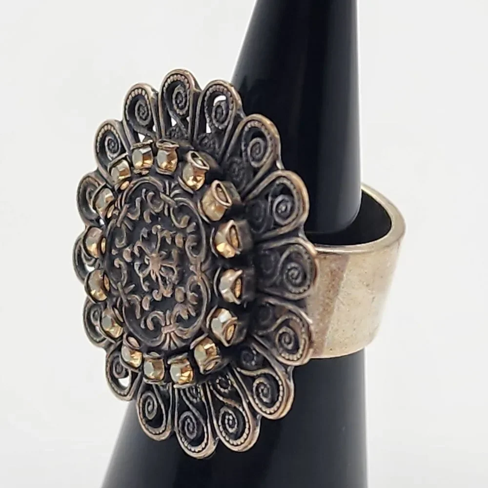 Liz Palacios bronze tone, silver tone, and orange crystal ring (6)